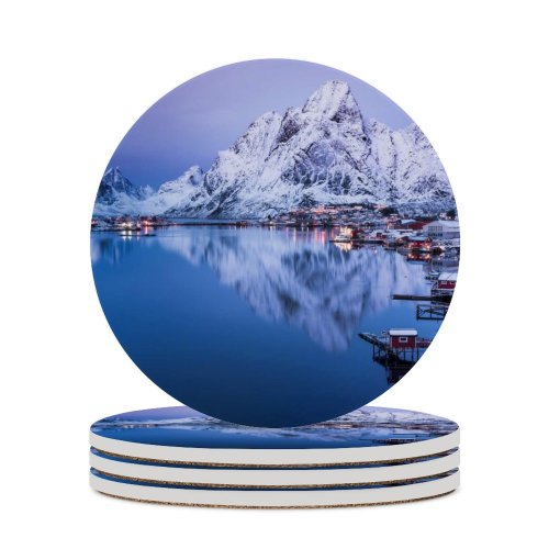 yanfind Ceramic Coasters (round) Glen Sinclair Reine Lofoten Islands Snow Mountains  Reflection Village Norway Family Game Intellectual Educational Game Jigsaw Puzzle Toy Set