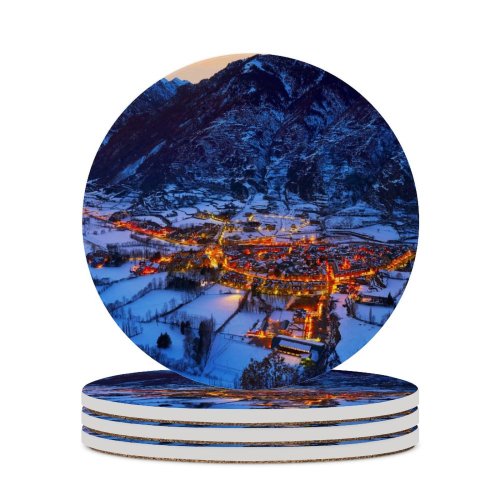 yanfind Ceramic Coasters (round) Spanish Village Benasque Town Winter Pyrenees Mountains Night Snow Covered Family Game Intellectual Educational Game Jigsaw Puzzle Toy Set