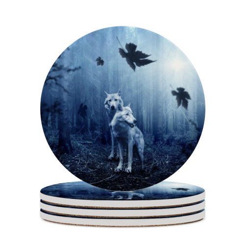 yanfind Ceramic Coasters (round) Comfreak Black Dark Wolf Forest Dark  Wild Tree Trunks  Light Family Game Intellectual Educational Game Jigsaw Puzzle Toy Set