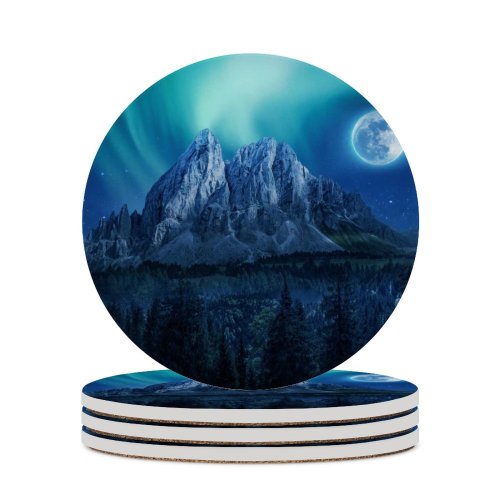 yanfind Ceramic Coasters (round)  Aurora Borealis Mountains Winter Forest Night Family Game Intellectual Educational Game Jigsaw Puzzle Toy Set