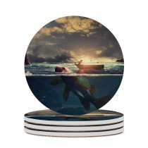 yanfind Ceramic Coasters (round) Fantasy Surreal Fishing Boat Sea Sunrise Underwater Family Game Intellectual Educational Game Jigsaw Puzzle Toy Set