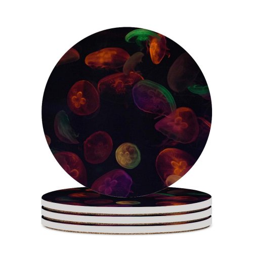 yanfind Ceramic Coasters (round) Black Dark Jellyfishes Multicolor Underwater Colorful Sea  Aquarium Purple Family Game Intellectual Educational Game Jigsaw Puzzle Toy Set