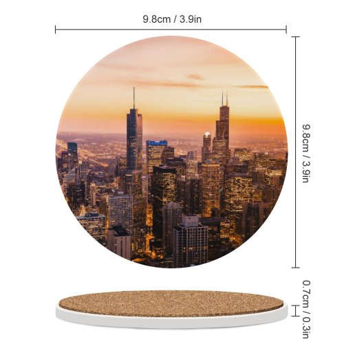yanfind Ceramic Coasters (round) Chicago Cityscape Skyscrapers Dawn Sunset City Lights Illinois USA Family Game Intellectual Educational Game Jigsaw Puzzle Toy Set