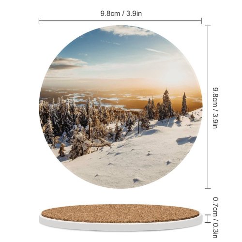 yanfind Ceramic Coasters (round) Winter Landscape Pine Trees Frosted Trees Sunny Snow Family Game Intellectual Educational Game Jigsaw Puzzle Toy Set
