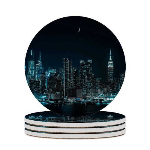 yanfind Ceramic Coasters (round) Sanaan Mazhar Black Dark York City Cityscape Night City Lights Half Family Game Intellectual Educational Game Jigsaw Puzzle Toy Set