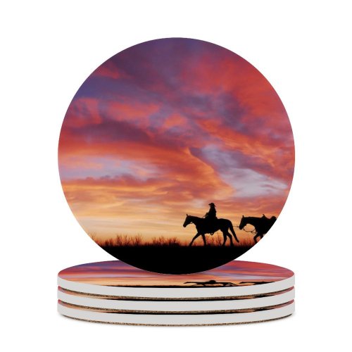 yanfind Ceramic Coasters (round) Cowboy Horses Silhouette Dawn Sunset Family Game Intellectual Educational Game Jigsaw Puzzle Toy Set