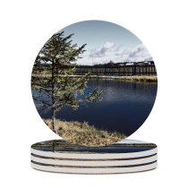 yanfind Ceramic Coasters (round) Spruce Pond Grass Tree Sky Reflection Natural Landscape Wilderness Cloud Woody Plant Family Game Intellectual Educational Game Jigsaw Puzzle Toy Set