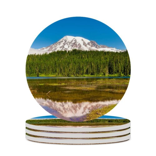 yanfind Ceramic Coasters (round) Youen California Mount Rainier Volcano Seattle Washington USA Landscape Sky Reflection Trees Family Game Intellectual Educational Game Jigsaw Puzzle Toy Set