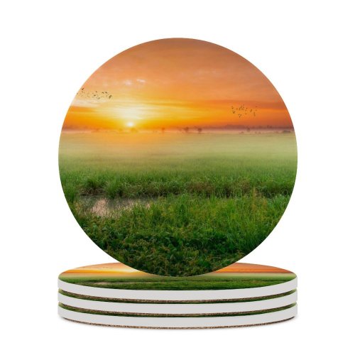yanfind Ceramic Coasters (round) Sunrise Paddy Fields Landscape Countryside Agriculture Morning Scenic Family Game Intellectual Educational Game Jigsaw Puzzle Toy Set