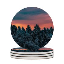 yanfind Ceramic Coasters (round) Winter Pine Trees Evening Sky Dusk Family Game Intellectual Educational Game Jigsaw Puzzle Toy Set