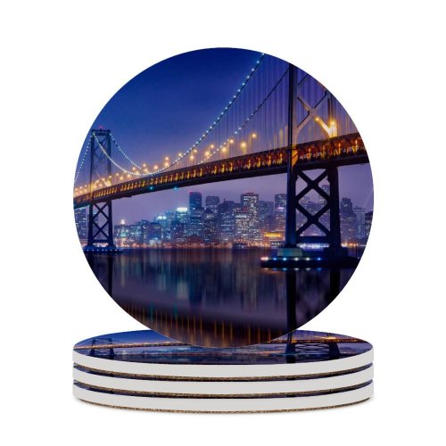 yanfind Ceramic Coasters (round) GoMustang Bay   Francisco–Oakland Bay  Night City Lights Urban Family Game Intellectual Educational Game Jigsaw Puzzle Toy Set