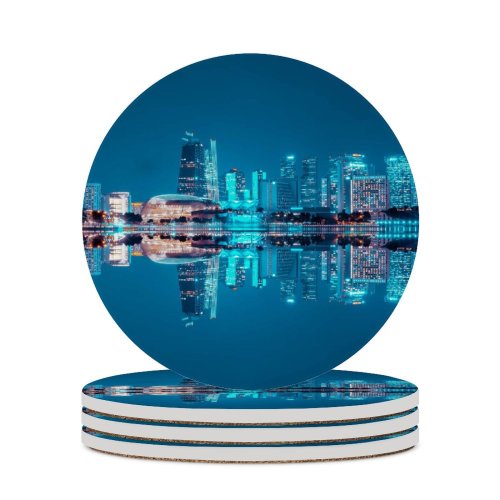 yanfind Ceramic Coasters (round) Pang Yuhao City Singapore Hour Night  Cityscape Reflection Symmetrical Skyscrapers Sky Family Game Intellectual Educational Game Jigsaw Puzzle Toy Set