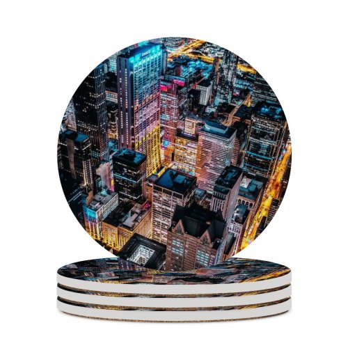 yanfind Ceramic Coasters (round) Benjamin Suter Chicago Skyscrapers Cityscape Night City Lights Aerial Willis  Illinois Family Game Intellectual Educational Game Jigsaw Puzzle Toy Set