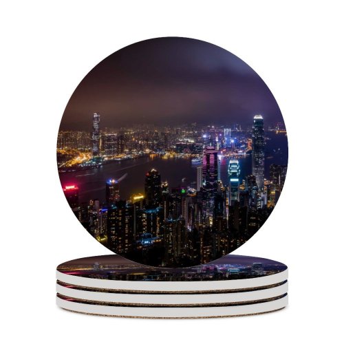 yanfind Ceramic Coasters (round) Peter Y. Chuang Hong Kong City Skyscrapers Night Time Cityscape Aerial City Family Game Intellectual Educational Game Jigsaw Puzzle Toy Set