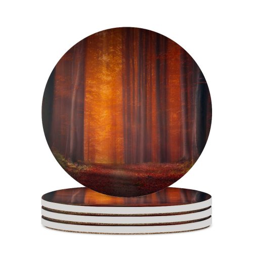 yanfind Ceramic Coasters (round) Hmetosche Autumn Forest Pathway Fallen Leaves Sunset Landscape Trees Woods Family Game Intellectual Educational Game Jigsaw Puzzle Toy Set