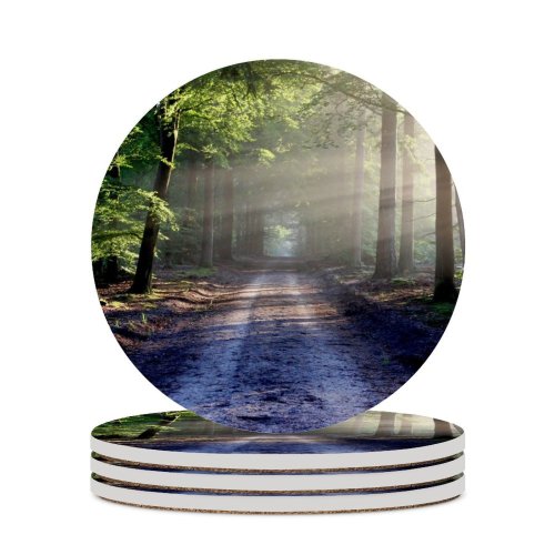 yanfind Ceramic Coasters (round) Forest Path Trees Outdoor Woods Sunlight Family Game Intellectual Educational Game Jigsaw Puzzle Toy Set