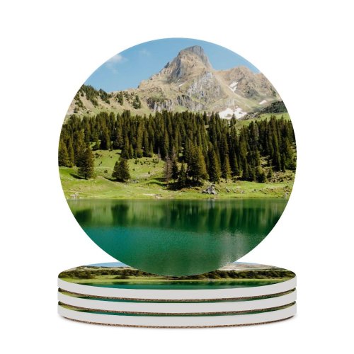 yanfind Ceramic Coasters (round) Gantrischseeli Lake Pine Trees Spring Reflection  Peak Switzerland Family Game Intellectual Educational Game Jigsaw Puzzle Toy Set