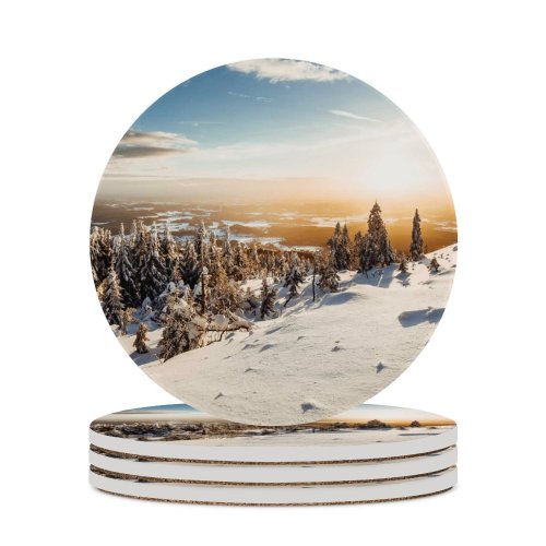 yanfind Ceramic Coasters (round) Winter Landscape Pine Trees Frosted Trees Sunny Snow Family Game Intellectual Educational Game Jigsaw Puzzle Toy Set