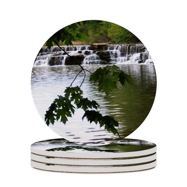 yanfind Ceramic Coasters (round) Waterfall Plants Spring Rocks Stones Resources Watercourse Natural Landscape River Vegetation Family Game Intellectual Educational Game Jigsaw Puzzle Toy Set