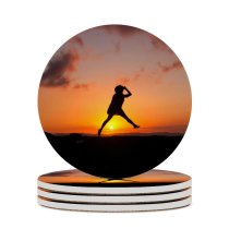 yanfind Ceramic Coasters (round) Sunrise Silhouette Jumping Girl Clouds Happy Mood Family Game Intellectual Educational Game Jigsaw Puzzle Toy Set