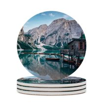 yanfind Ceramic Coasters (round) Samuele Errico Piccarini Lake Braies Italy Wooden Boats Mountains  Snow Reflection Family Game Intellectual Educational Game Jigsaw Puzzle Toy Set
