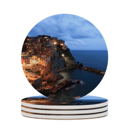 yanfind Ceramic Coasters (round) Manarola Cinque Terre Italy Seascape City Lights Dusk Tourist Attraction Seaside Village Family Game Intellectual Educational Game Jigsaw Puzzle Toy Set