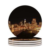 yanfind Ceramic Coasters (round) Black Dark  Francisco City Cityscape Night Time City Lights Skyscrapers Waterfront Family Game Intellectual Educational Game Jigsaw Puzzle Toy Set