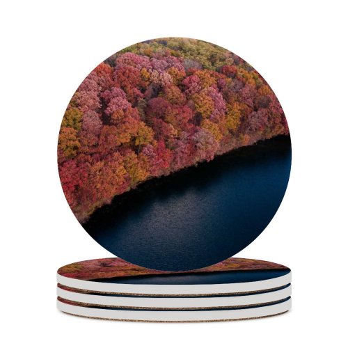 yanfind Ceramic Coasters (round) Aaron Burden Colorful Forest Trees Aerial Lake River Scenic Family Game Intellectual Educational Game Jigsaw Puzzle Toy Set