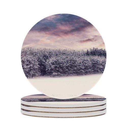 yanfind Ceramic Coasters (round) Snow Covered Trees Winter Snow Landscape Clouds Scenery Forest Family Game Intellectual Educational Game Jigsaw Puzzle Toy Set