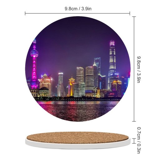 yanfind Ceramic Coasters (round) Shanghai City Reflection Skyscrapers Night  Cityscape Lights Architecture Family Game Intellectual Educational Game Jigsaw Puzzle Toy Set