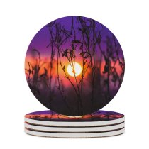 yanfind Ceramic Coasters (round) B Sunrise Silhouette Purple Sky Plants Dusk Blurred Family Game Intellectual Educational Game Jigsaw Puzzle Toy Set