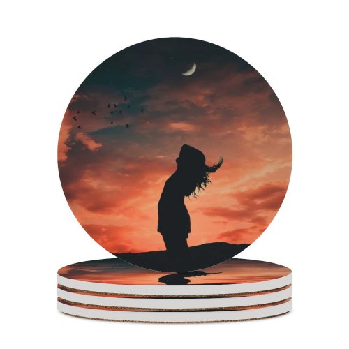yanfind Ceramic Coasters (round) Alexandro David Girl Silhouette Evening Sky   Dusk Mood Family Game Intellectual Educational Game Jigsaw Puzzle Toy Set