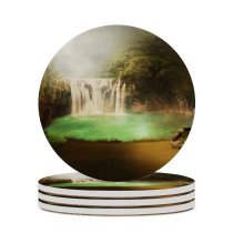 yanfind Ceramic Coasters (round) Dorothe Waterfall Forest Mystery Lake Scenic Surreal Foggy Family Game Intellectual Educational Game Jigsaw Puzzle Toy Set