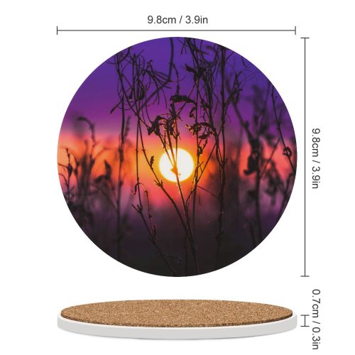 yanfind Ceramic Coasters (round) B Sunrise Silhouette Purple Sky Plants Dusk Blurred Family Game Intellectual Educational Game Jigsaw Puzzle Toy Set