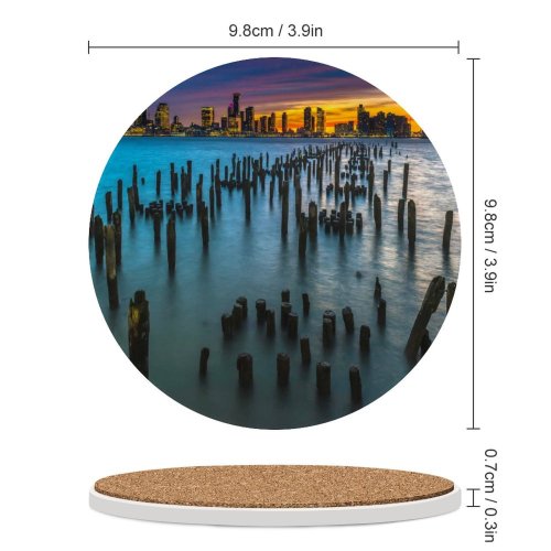 yanfind Ceramic Coasters (round) Old Pier Poles York City Cityscape Lights Dusk Sky Skyscrapers Landscape Family Game Intellectual Educational Game Jigsaw Puzzle Toy Set