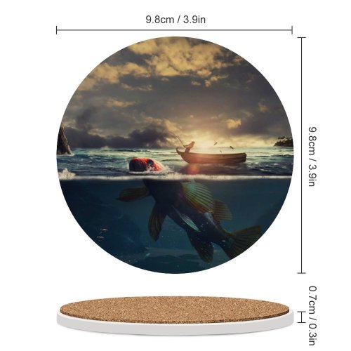 yanfind Ceramic Coasters (round) Fantasy Surreal Fishing Boat Sea Sunrise Underwater Family Game Intellectual Educational Game Jigsaw Puzzle Toy Set