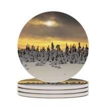 yanfind Ceramic Coasters (round) Snowy Trees Landscape Winter Sunset Snow Covered  Rays Cloudy Sky Family Game Intellectual Educational Game Jigsaw Puzzle Toy Set