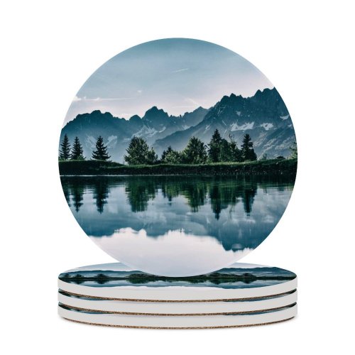 yanfind Ceramic Coasters (round) Mountains Lake Riven Reflection Trees Family Game Intellectual Educational Game Jigsaw Puzzle Toy Set