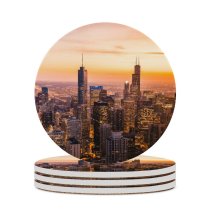 yanfind Ceramic Coasters (round) Chicago Cityscape Skyscrapers Dawn Sunset City Lights Illinois USA Family Game Intellectual Educational Game Jigsaw Puzzle Toy Set