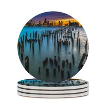 yanfind Ceramic Coasters (round) Old Pier Poles York City Cityscape Lights Dusk Sky Skyscrapers Landscape Family Game Intellectual Educational Game Jigsaw Puzzle Toy Set
