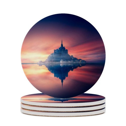 yanfind Ceramic Coasters (round) Grafixart Mont SaintMichel Sunset  Dawn Reflection Normandy France Family Game Intellectual Educational Game Jigsaw Puzzle Toy Set