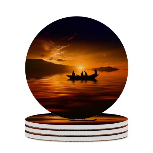 yanfind Ceramic Coasters (round) Sunset Boat Silhouette Dusk Family Game Intellectual Educational Game Jigsaw Puzzle Toy Set