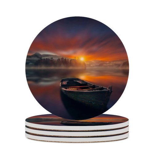 yanfind Ceramic Coasters (round) Hmetosche Sunset Boat Lake Reflections Dawn Mountains Fog Trees Family Game Intellectual Educational Game Jigsaw Puzzle Toy Set
