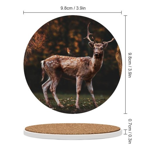 yanfind Ceramic Coasters (round) Fallow Deer Squirrel Bird Trees Forest Autumn Family Game Intellectual Educational Game Jigsaw Puzzle Toy Set