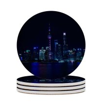 yanfind Ceramic Coasters (round) Black Dark Shanghai City China Cityscape Reflection Night Time City Lights Skyscrapers Family Game Intellectual Educational Game Jigsaw Puzzle Toy Set