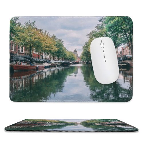 yanfind The Mouse Pad Boats Amsterdam River Tourism City Canal Iconic Buildings Architecture Town Pattern Design Stitched Edges Suitable for home office game