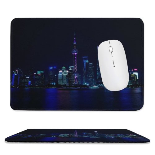 yanfind The Mouse Pad Black Dark Shanghai City China Cityscape Reflection Night Time City Lights Skyscrapers Pattern Design Stitched Edges Suitable for home office game