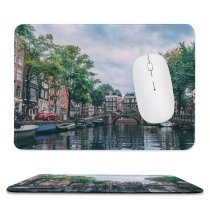 yanfind The Mouse Pad Boats Amsterdam City Office Canal Clouds Parked Bridge Buildings Watercrafts Urban River Pattern Design Stitched Edges Suitable for home office game