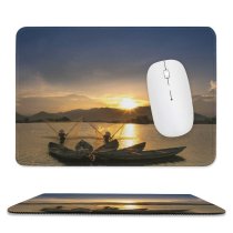 yanfind The Mouse Pad Boats Backlit Dawn Sunrise Silhouette Canoe Sea Fishermen Watercraft Dusk Lake Sun Pattern Design Stitched Edges Suitable for home office game