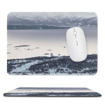 yanfind The Mouse Pad Boats Capped Winter Season Scenery Icy Mountains Pier Island Pine Sight Snow Pattern Design Stitched Edges Suitable for home office game